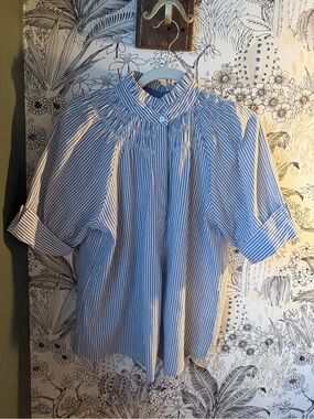 Striped Blue Smocked-Yoke Blouse with Stand Collar NWOT